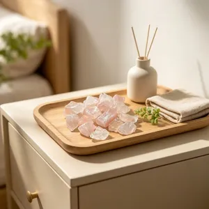 Natürliche traumhafte lila Kristall-Diffusorsteine auf einem Holztablett für Zuhause