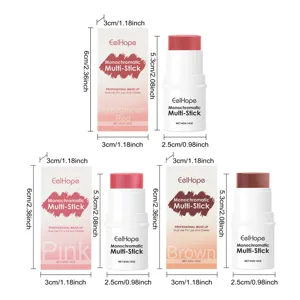 Dimensiones detalladas de las barras de maquillaje 3 en 1 EelHope en rojo, rosa y marrón.