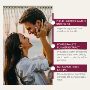 Dettagli ingredienti profumo melograno e bergamotto con coppia romantica sullo sfondo