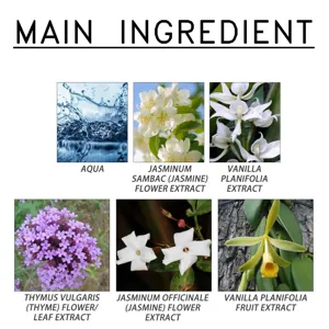 Illustrazione dettagliata di ingredienti naturali come gelsomino e vaniglia per profumo