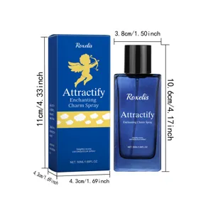 Detailed dimension view of Roxelis Attractify blue perfume bottle and 50ml packaging box