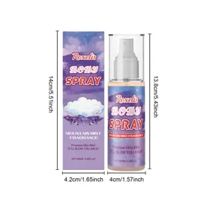 Roxelis mountain mist body spray 100ml with size dimensions and packaging box