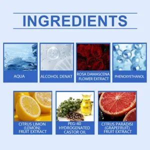 Detailed infographic showing natural perfume ingredients including rose and citrus extracts