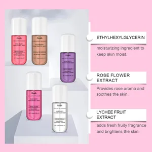 Dettaglio degli ingredienti della nebbia Roxelis corpo e capelli con estratti di rosa