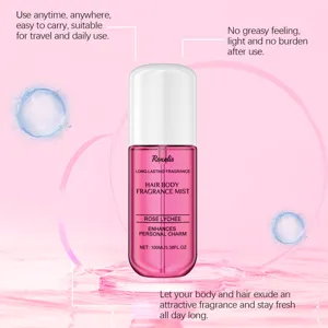 Vista dettagliata della nebbia profumata Rose Lychee in un flacone spray rosa
