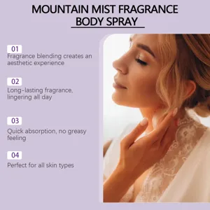 Detailed feature list of Mountain Mist Fragrance Body Spray with an elegant model