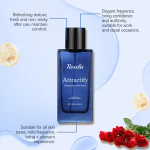 Detail of Roxelis Attractify perfume bottle with red roses and blue liquid texture.