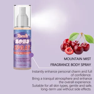 Detailed display of Mountain Mist fragrance body spray with refreshing cherry fragrance note