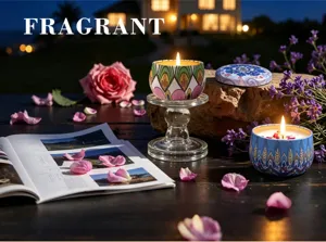 Warm evening scene featuring scented soy wax candles in decorative floral metal tins