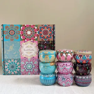 Set de regalo de velas aromáticas en latas de mandalas con caja decorada a juego