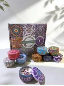 Bohemian style soy wax scented candle gift set with colorful mandala patterned tins