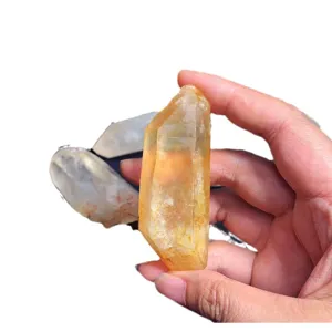 Spécimen minéral de pilier en cristal de quartz brut non poli tenu devant fond blanc
