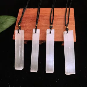 Natural Selenite Pendant Necklace Moroccan Silk Gypsum Long Strip Stone Necklace For Women Men Minimalist Jewelry Gift