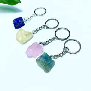 Natural Crystal Rough Stone Keychain Irregular Raw Gemstone Bag Pendant Lapis Lazuli Rose Quartz Amethyst Key Ring Gift