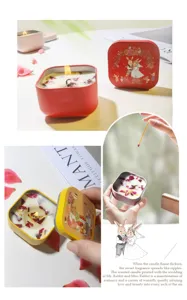 Detailed view of scented candles in colorful tins with rabbit wedding illustrations