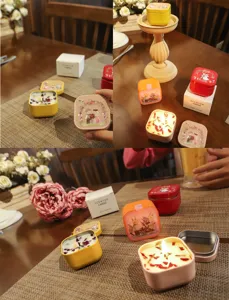 Macro view of square smokeless scented candles with cute rabbit lids on a wooden table