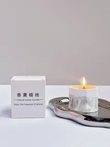 Scented soy candle in a marble-patterned gypsum cup with white gift box packaging