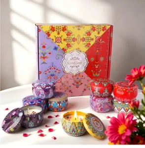 Close-up of scented candle gift set with vibrant ethnic patterns and soy wax tins