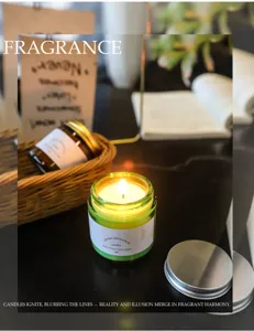 Close-up of a burning soy wax candle in a green glass jar with a minimalist label.