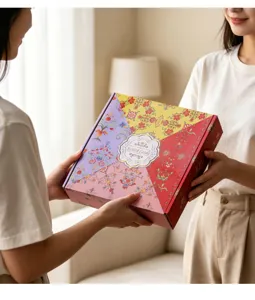 Close-up of a floral scented candle gift box being presented between two people