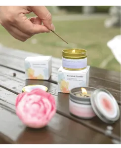 A close-up shot of a hand lighting a soy wax aromatherapy candle in a garden setting