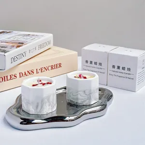 Handmade soy scented candles in marble-patterned gypsum cups with a metal tray set.