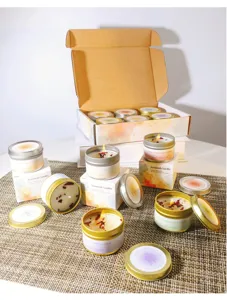 Exquisite detail of soy wax scented candles with dried flowers in a premium gift set