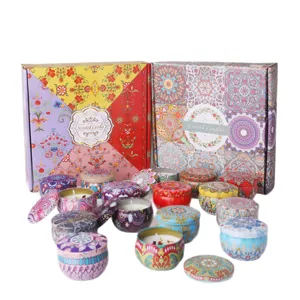 Scented soy candle gift set with vibrant bohemian pattern tins and colorful packaging box