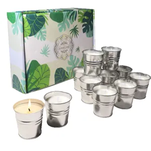 Velas aromáticas de citronela en cubos de metal plateado con caja de regalo tropical