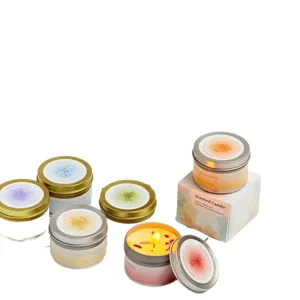 Assorted soy wax scented candles in metal tins with gift box packaging for home
