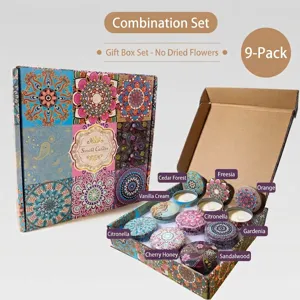 Juego de 9 velas aromáticas con fragancias florales y amaderadas en latas decorativas