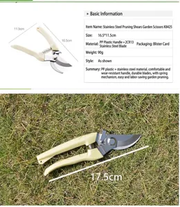 Detailed view of stainless steel garden pruning shears with size measurements and specifications