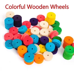 Detailed view of colorful small wooden wheels for DIY toy making and crafts