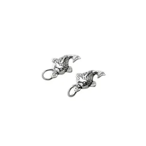 Pair of vintage S925 sterling silver oxidized koi fish pendants for DIY jewelry making.
