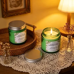 Vela aromática de citronela con cera vegetal en frasco de vidrio verde para el hogar
