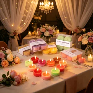 Duftende Teelichter in bunten Geschenkboxen, romantische Hochzeits- und Partydeko.