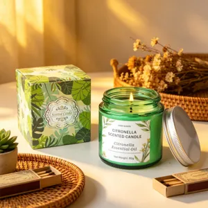 Vela aromática de citronela en frasco verde con caja de regalo botánica