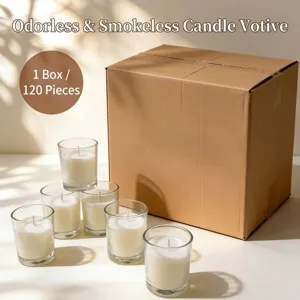 Bulk pack of 120 unscented smokeless ivory white candles in clear glass cups for weddings