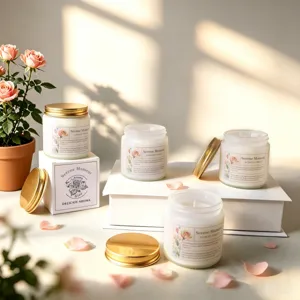 Coffret de bougies parfumées florales dans des pots en verre dépoli avec couvercles dorés
