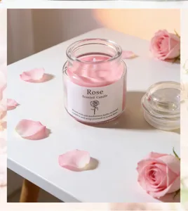 Detailaufnahme einer rosa Duftkerze mit Rosenduft im Glas und frischen Rosenblättern.