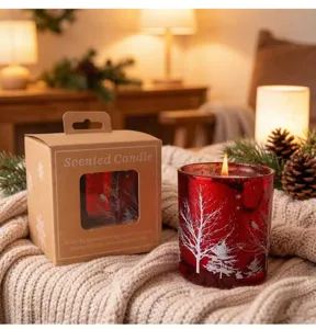 Rote Weihnachtsduftkerze im Glas mit festlichem, verschneitem Winterlandschaft-Design