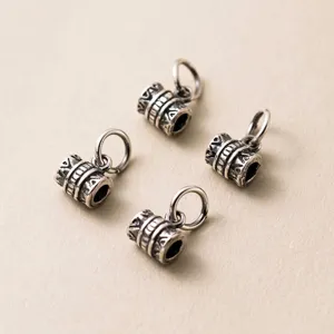 Set of four S925 Thai silver vintage tube pendants with rings for DIY jewelry making craft