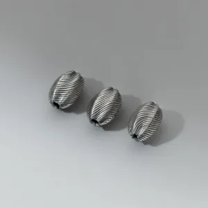 Vintage 925 sterling silver olive beads with diagonal stripes for DIY jewelry making