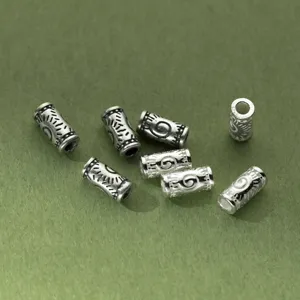 Vintage S925 sterling silver cylindrical spacer beads with etched tribal patterns for DIY
