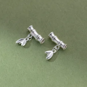 Ciondoli a tubo di bambù 3D in argento sterling S999 con foglie per creazione gioielli