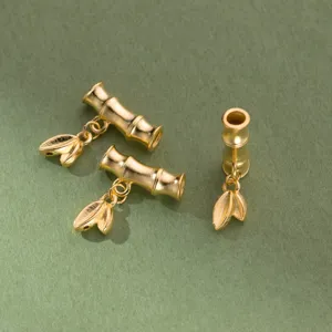 Tre tubi di bambù in argento S999 placcato oro con ciondoli a foglia per gioielli fai-da-te.