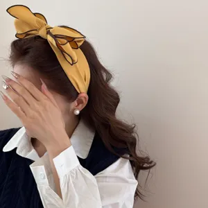 Cerchietto largo giallo vintage con fiocco 3D per accessori per capelli da donna