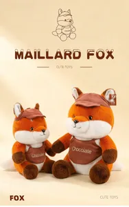 Detailed view of two cute Maillard series fox plush toys in different sizes and textures