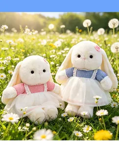 Detailed view of two cute long-eared plush rabbits in gingham dresses in a daisy field.