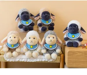 Collection of cute curly plush sheep dolls with bibs in various colors and styles.